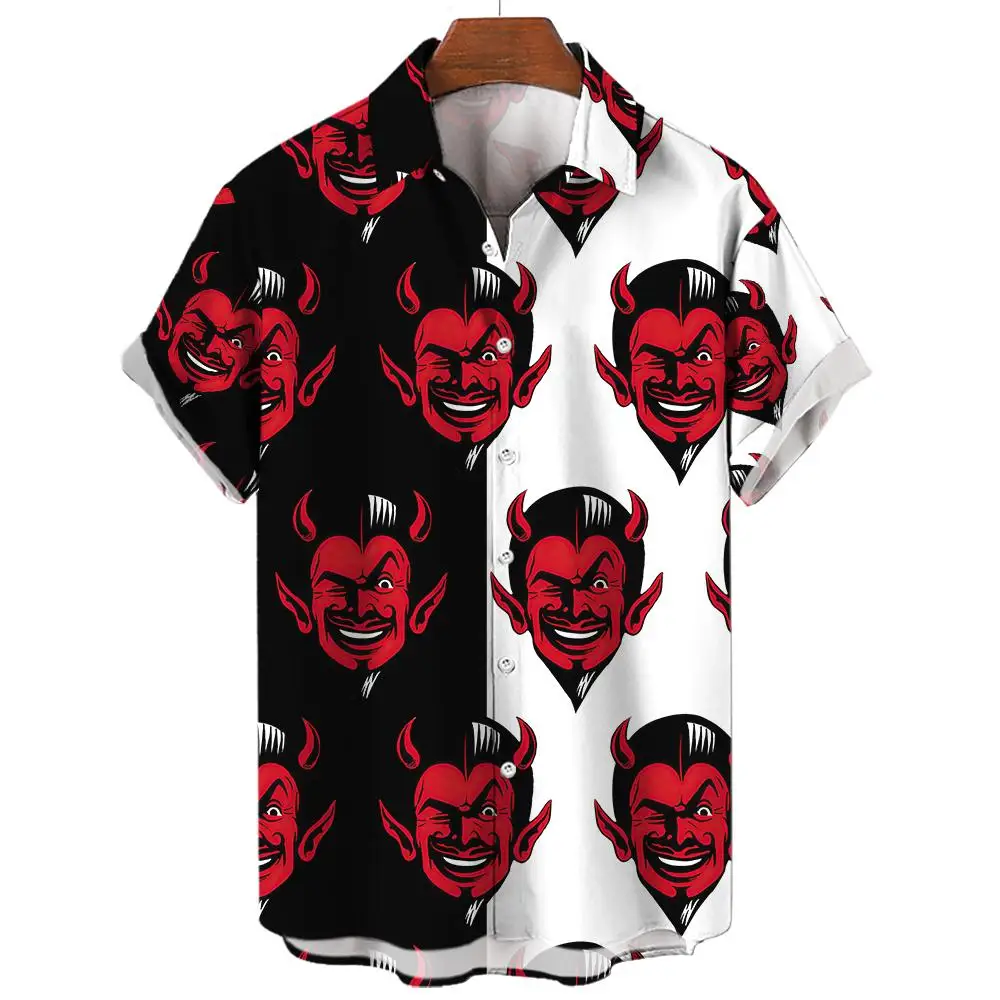 

Hawaiian Shirt For Men Lapel Collar Devil Print Men's Shirt Fashion Streetwear Summer Short Sleeve Top Trendy New Male Clothing