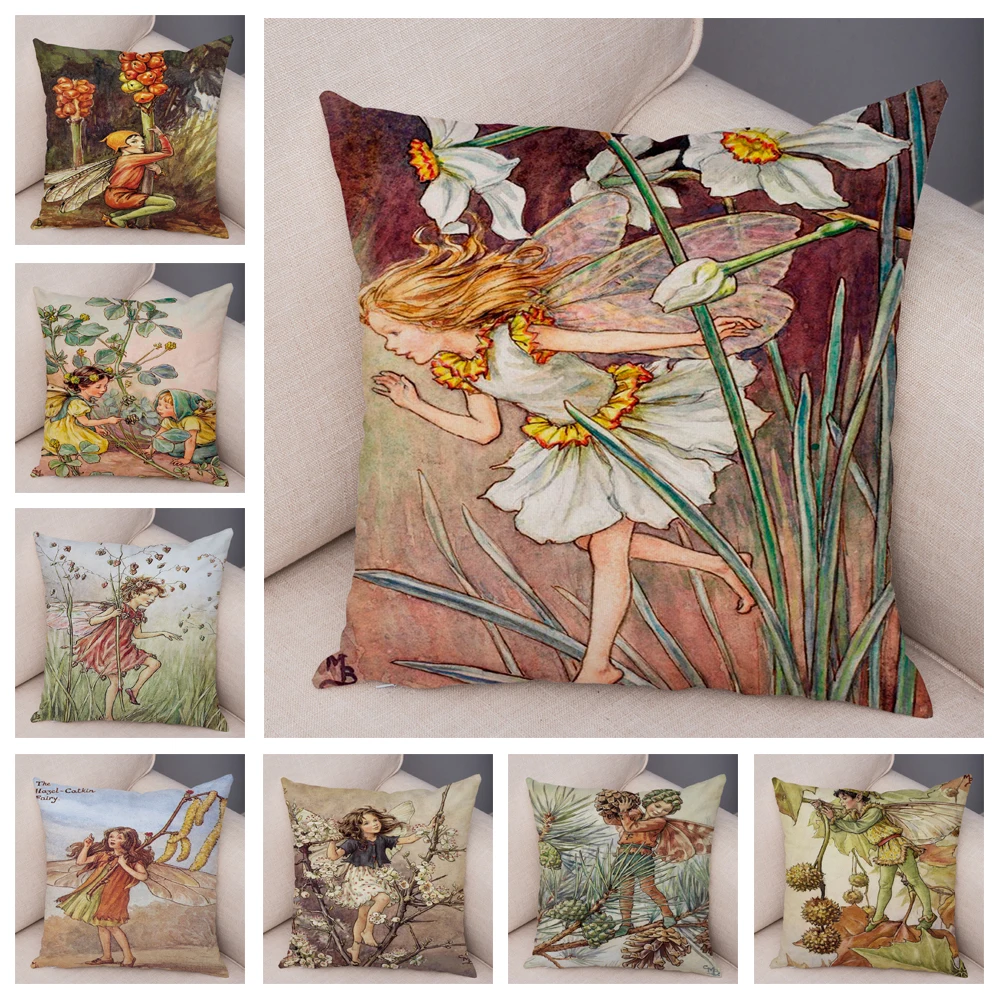 

Colorful Fairy Flower Girl Pillowcase Sofa Home Retro Cartoon Elf Cushion Cover Decorative Pillowcase