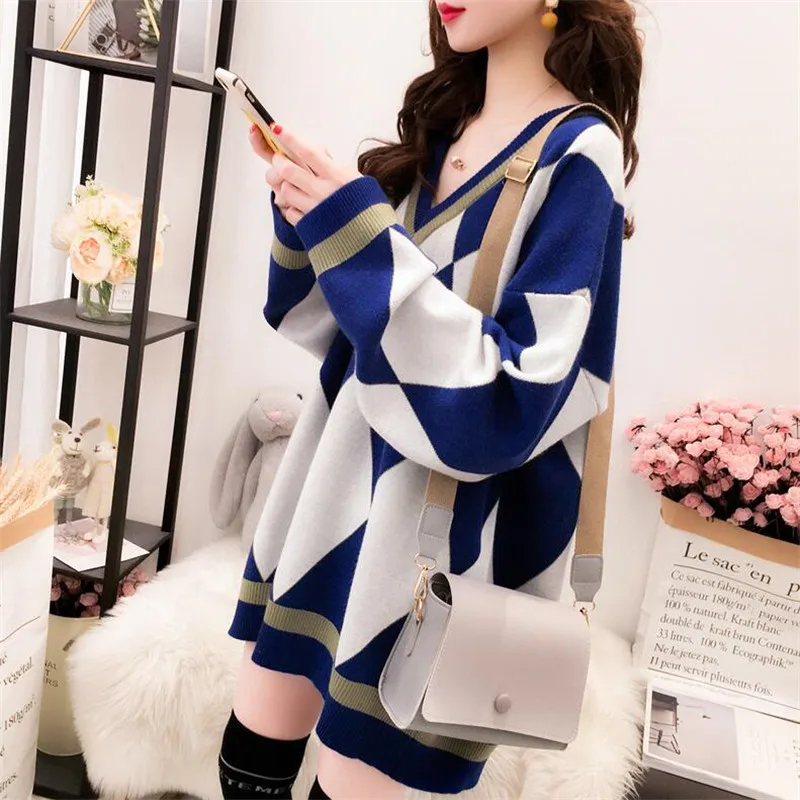 

Woman Diamond Plaid Sweater Female 2021 Autumn Winter Korean Knitted Pullover Tops Hot Sale Outwear Oversized V-neck Loose Body