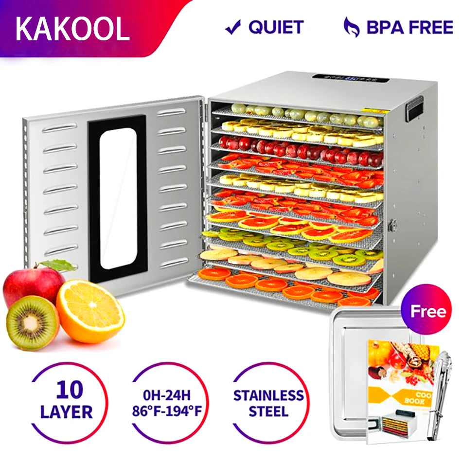 Deshidratador de alimentos de acero inoxidable de 10 capas, máquina de frutas, Control de tiempo y temperatura ajustables