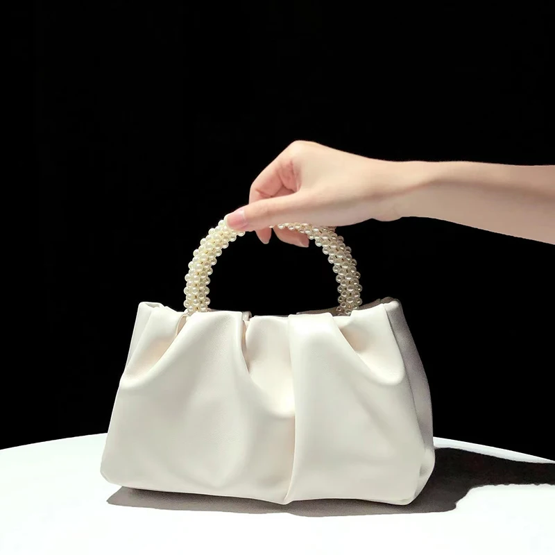 

Elegant Wedding Guest Purse Mini Leather Women Ceremony Hand Bag Pearl Handle Evening Bags Beige Party Handbag