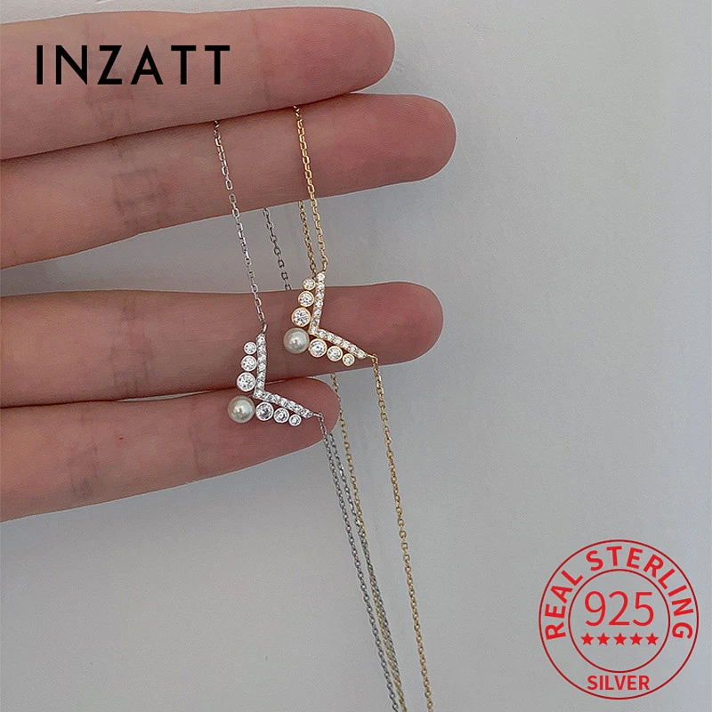 INZATT Real 925 Sterling Silver 14K Gold Plated Zircon Letter V Pearl Pendant Choker Necklace For Women Classic Fine Jewelry