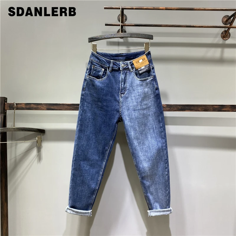 

Trendy Contrast Color Daddy Jeans Women's High Waist Straight 2021 Autumn Winter Thin Velvet Loose Harem Drop Crotch Denim Pants
