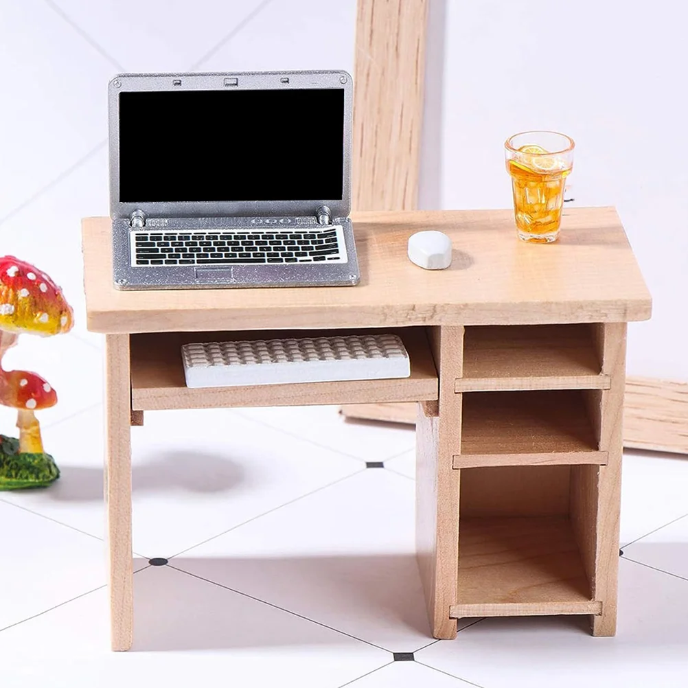 

Dollhouse Computer Desk Miniature Table Ornament Wooden Model Chair Prop Figurine School Laptop