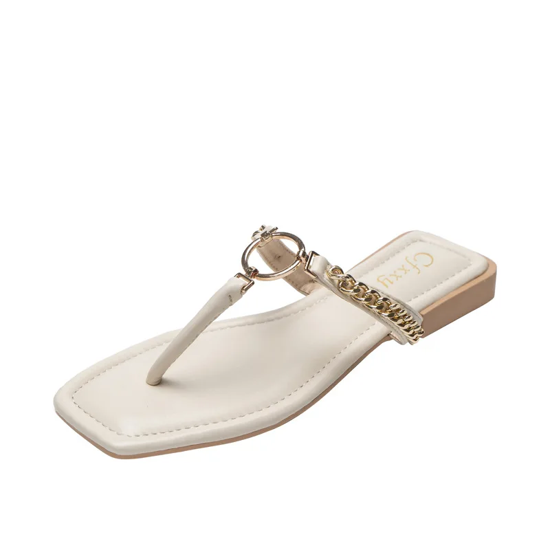 

2022 Women Summer Slippers Fashion Chain Metal Decoration Flat Heel Slides Outdoor Casual Beach Sandals Shoes Ladies Flip Flops