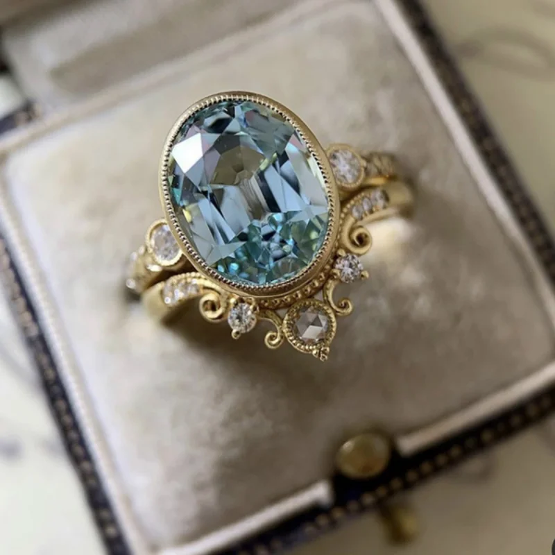

Vintage Rings for Women Oval Blue Stone Set Gold Color Ring Party Engagement Jewelry Anniversary Girl Gift