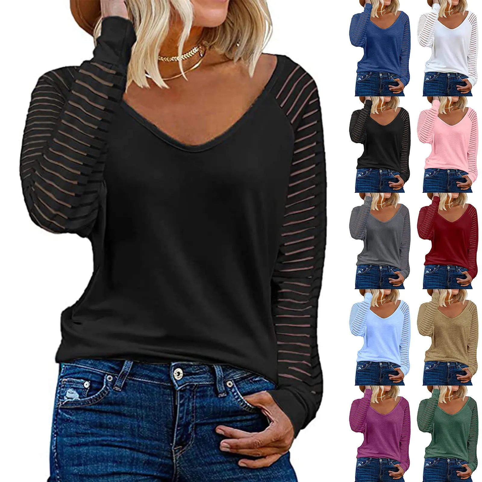 

Women's V Neck Striped Mesh Long Sleeve Tops T Shirt Loose Tunic Pullover Blouse Solid Color Daily Basic Shirt