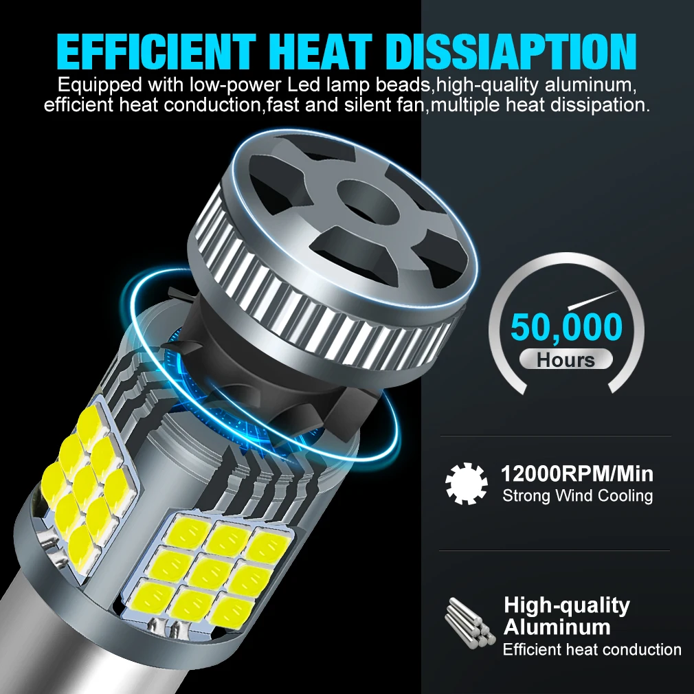 2шт 50Вт 5000Лм Led 1156 P21W BA15S Canbus Fan BAU15S PY21W T20 7440 W21W 7443 W21/5W Сигнальный свет Белый Янтарный Красный включен.