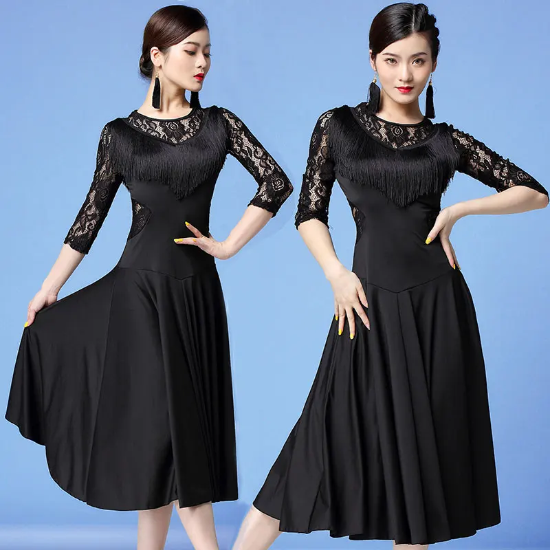 

Women Dance Wear Ballroom Dress Samba Costumes Black Sexy Party Dresses Floral Lace One-piece Latin Dress for Women