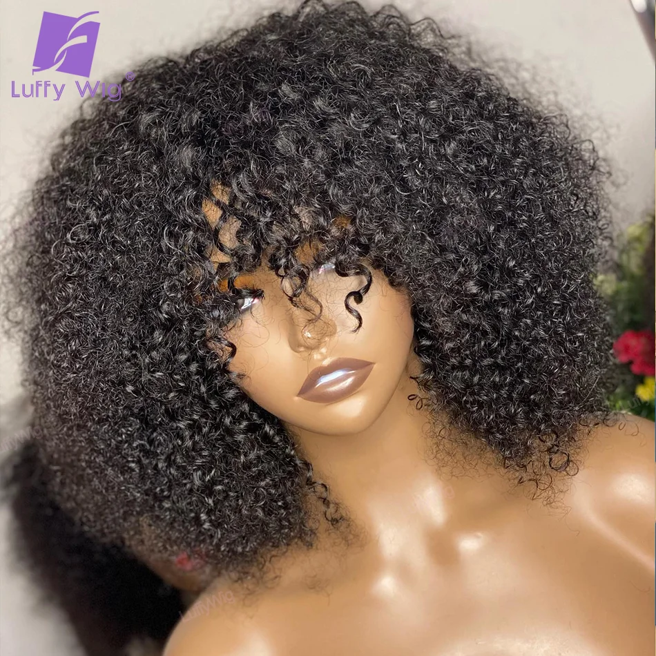 180 Density Curly Wig With Bangs Human Hair Wigs Machine Made Fringe Short Bob Wig Thick Afro Kinky Curly Wigs For Black Women