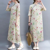 2022 traditional chinese dress flower print cheongsam cotton linen dress qipao dress chinese clothing qipao folk dance suit