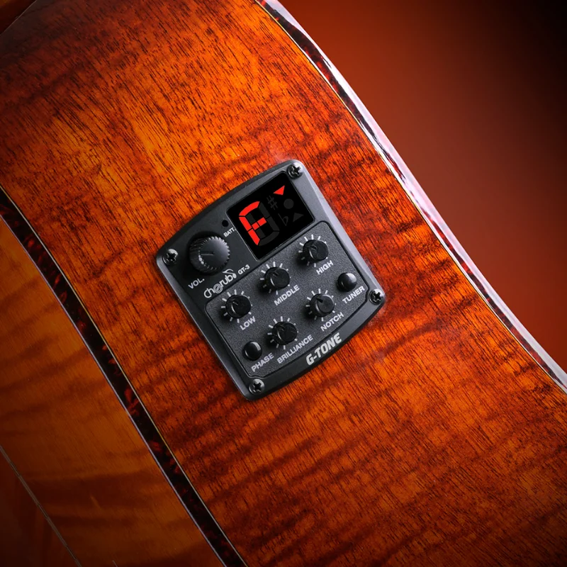 Cherub G-Tone GT-3 4-полосный предусилитель системы эквалайзера для акустической гитары с пьезо-микрофоном, хроматическим тюнером, фазовым эффектом и аксессуарами.