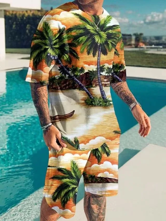 Clothes for Men T-Shirt Suits 3D Printed Fashion Color Design Round Neck Outdoor Street Short Sleeve Ropa Clothing Apparel 2pcs