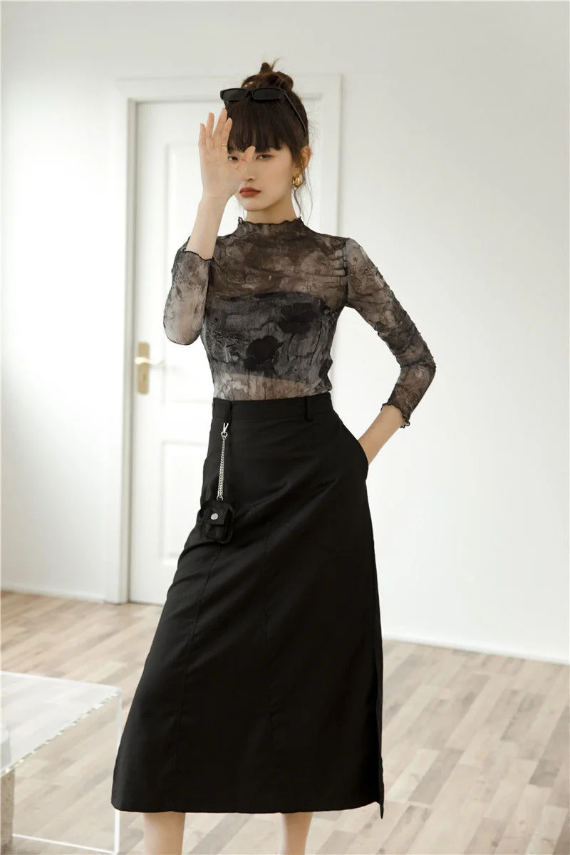 

Grey Abstract Printing Through High Elastic Backing T-shirt Black Summer Women Crop Tops