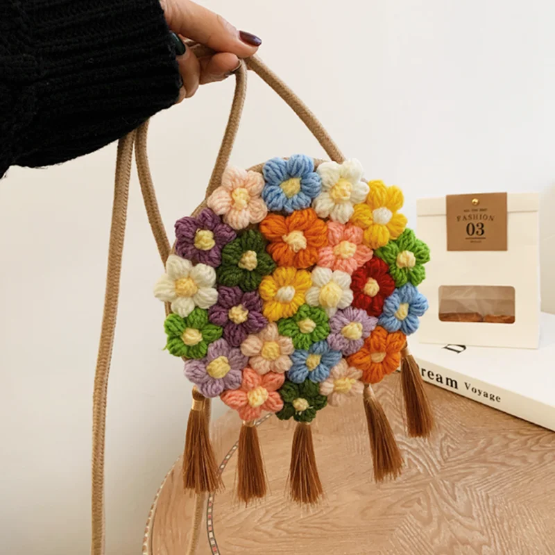 

Fashion Cotton Rope Flower Shoulder Crossbody Bags For Girls 2022 Women's Knitting Handbag Summer Beach Bag Bohemian Travel Bags