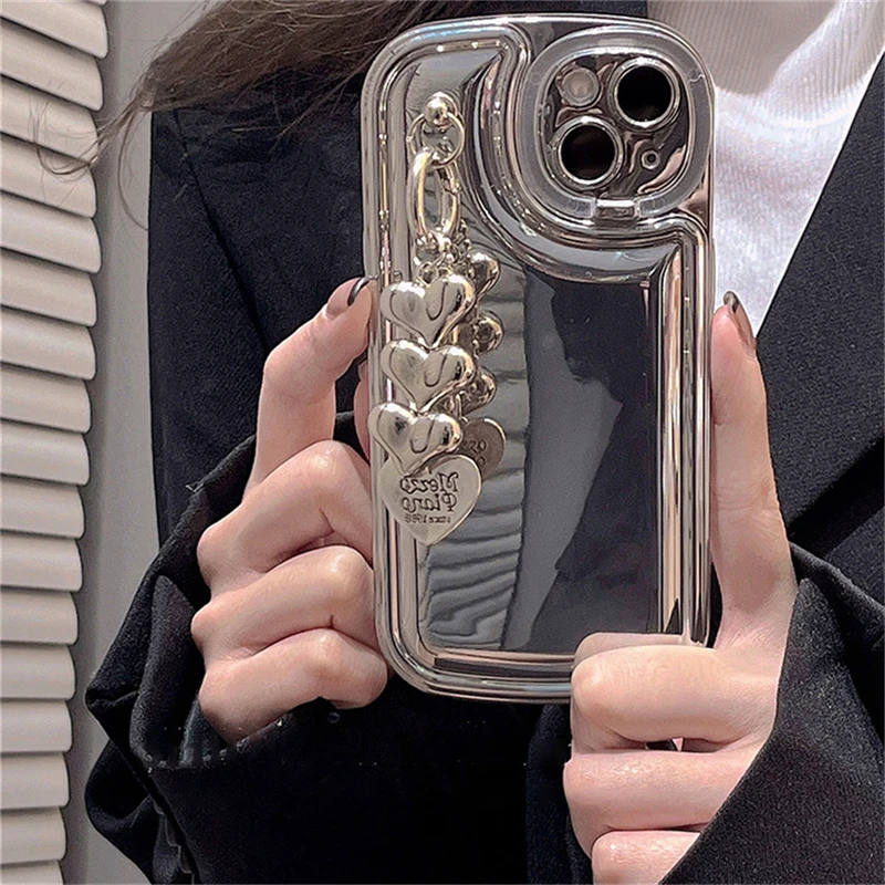 

Luxury 3D Plating Love Heart Pendant Glossy Phone Case For iPhone 14 13 12 11 Pro Max Camera Lens Holder Protective Soft Cover