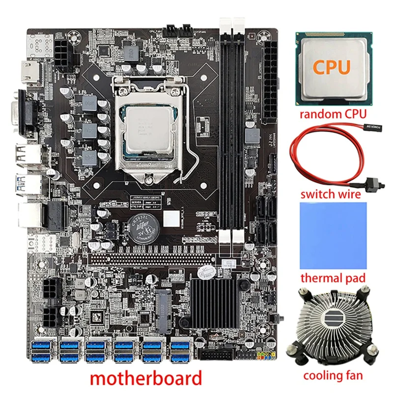 

B75 12 GPU BTC Mining Motherboard+CPU+Cooling Fan+Thermal Pad+Switch Cable 12 USB3.0(PCIE) GPU Slot LGA1155 DDR3 SATA3.0