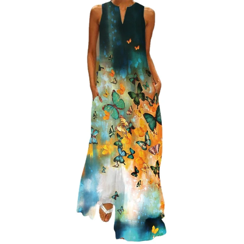 

Oversized Maxi Long Boho Sundress for Women Summer Sleeveless Floral Printed Dresses Girls Elegant V-neck Evening Party Dress