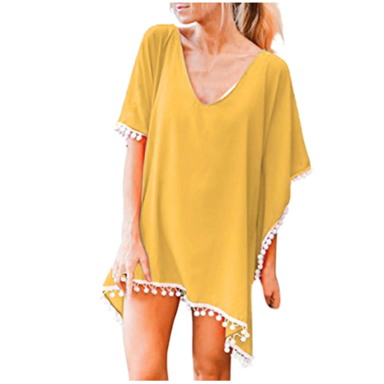 

Chiffon Solid Color Tassels Kimono Bikini Cover Up Swimsuit Women 2022 Summer Beach Bathing Suit Beachwear Loose Tunic Shirt