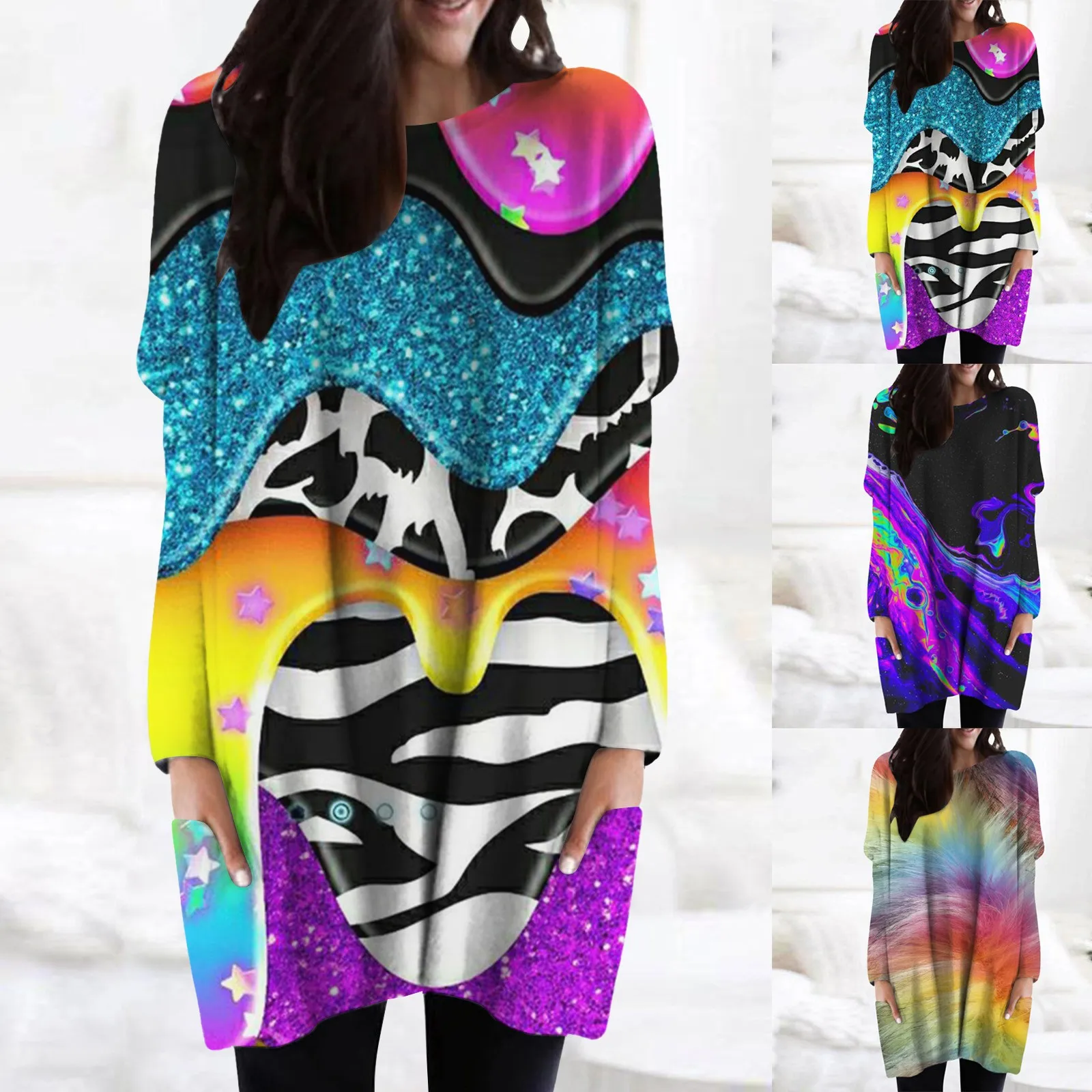 

Атласное Вечернее платье с длинным рукавом, повседневное соблазнительное платье, Сумка с карманами на бедрах, толстовка с принтом, модная т...