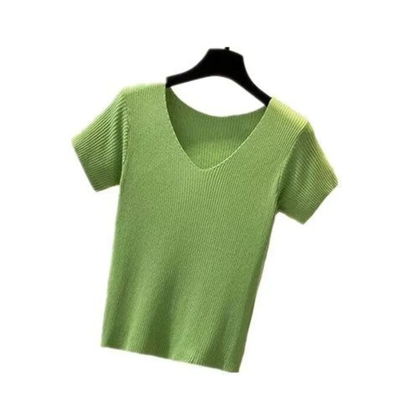 

Новинка 2022, футболка из вискозы с коротким рукавом, женская летняя крутая рубашка с V-образным вырезом, облегающий тонкий трикотажный топ