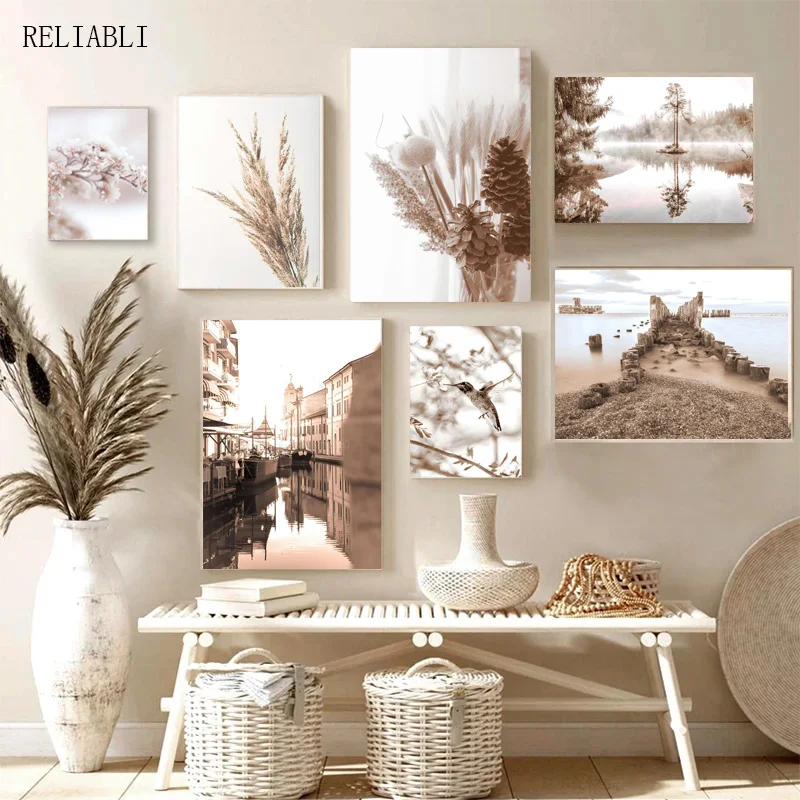 

Small Town City Bohemian Poster Wall Decor Art Canvas Painting Flower Bird Landscape Print Vibrant Picture Home Decorations
