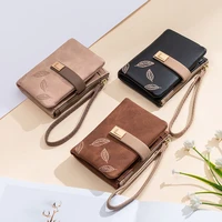 fashion female wallet short leaf print women wallet lady small nubuck leather purse girl card holders wallet with wrist strap