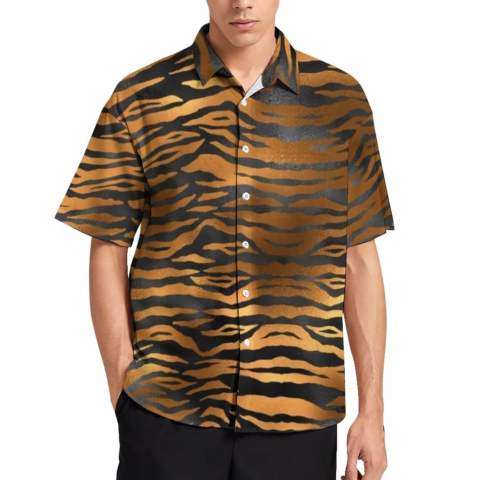 

Пляжная рубашка в полоску с принтом тигра, блестящие черные и золотые повседневные рубашки, гавайская дизайнерская модная блузка большого размера с коротким рукавом, подарок