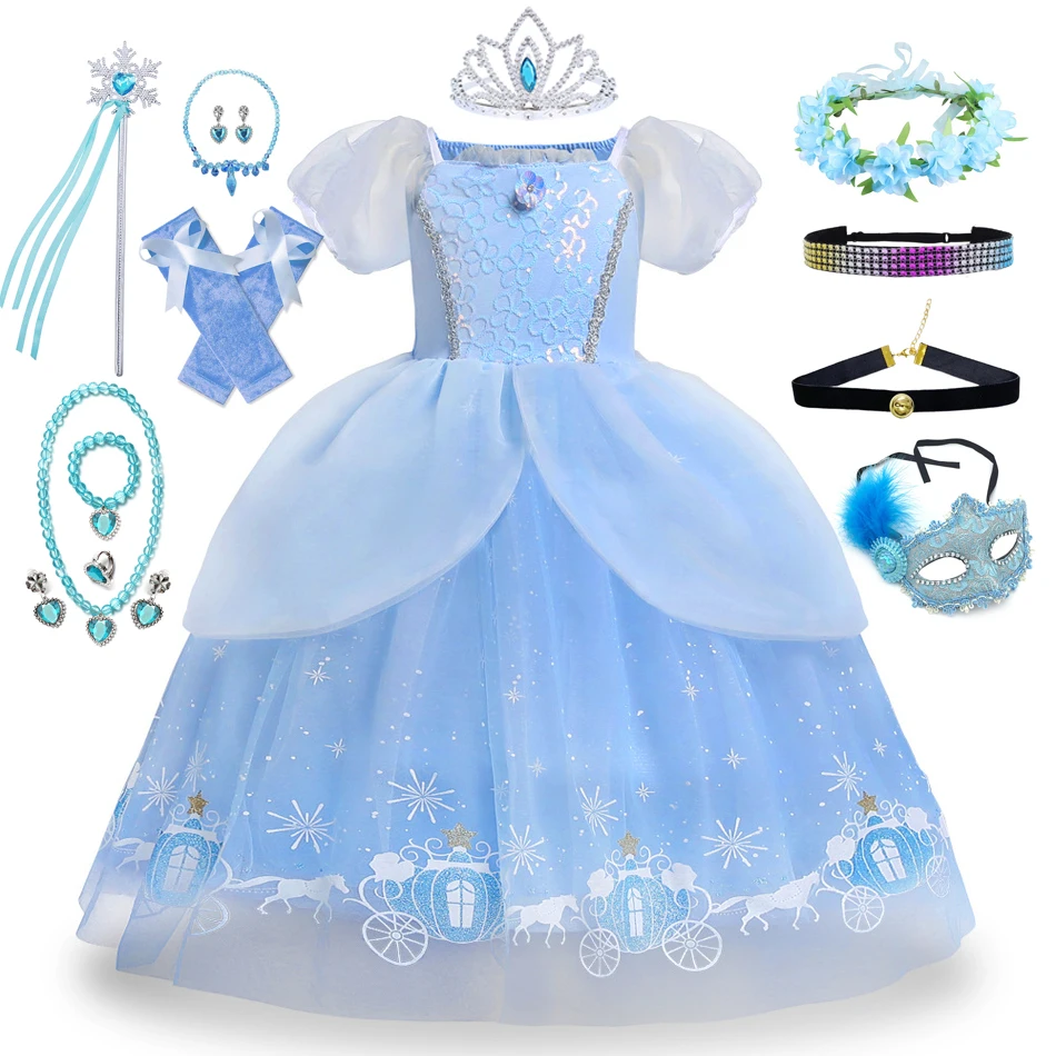 Disney Cinderella Princess Cosplay Dress for Girl Kids Ball Gown Sequin Carnival TUTU Puff Mesh Clothing for Birthday Gift