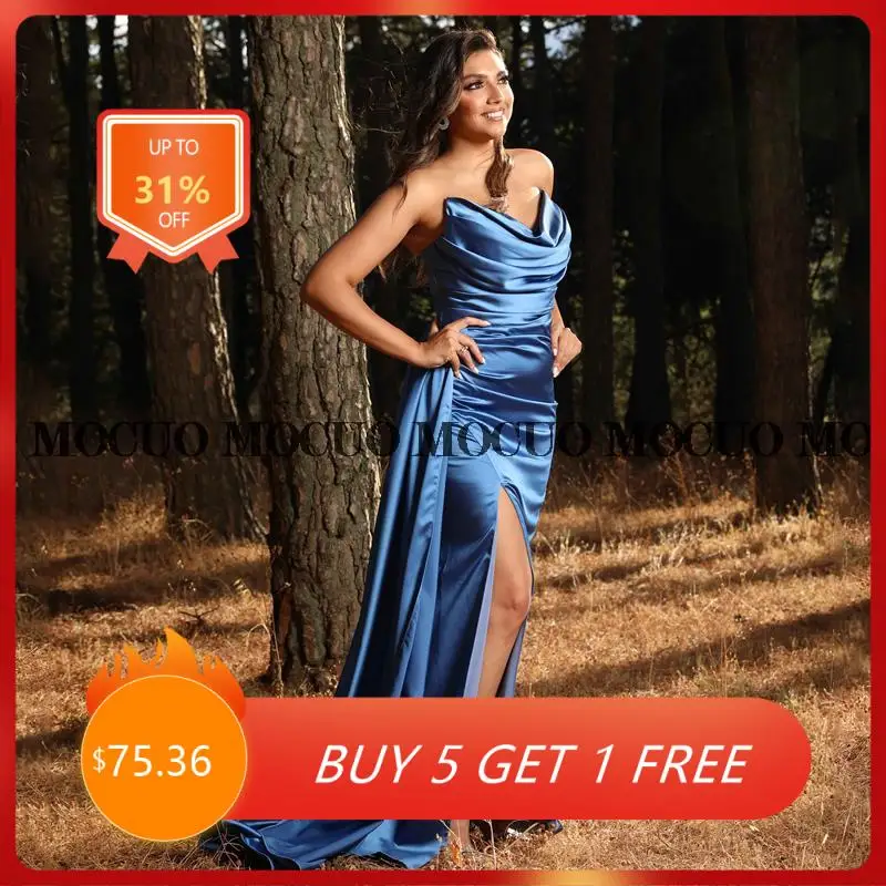 

Sexy Prom Dresses Blue Satin High Split Evening Dress Saudi Arabia Mermaid Strapless Floor Length Cocktail Party Gowns