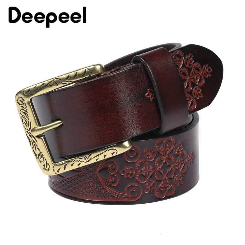 1Pc Deepeel 3.8*105-125cm Genuine Leather Pure Cowhide Belt Vintage Embossed Pin Buckle Luxury Jeans Decorative Mens Waistband