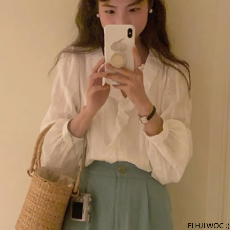 

Женская кружевная блузка, белая однобортная Базовая рубашка на пуговицах, на весну-лето, 2023