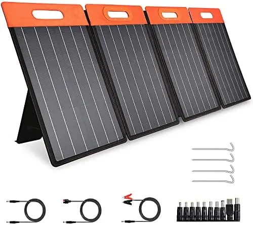 For Portable Solar Panel, Monocrystalline Solar Charger with Adjustable Kickstand, Type C, DC 18V, QC3.0 USB Ports for Power Sta