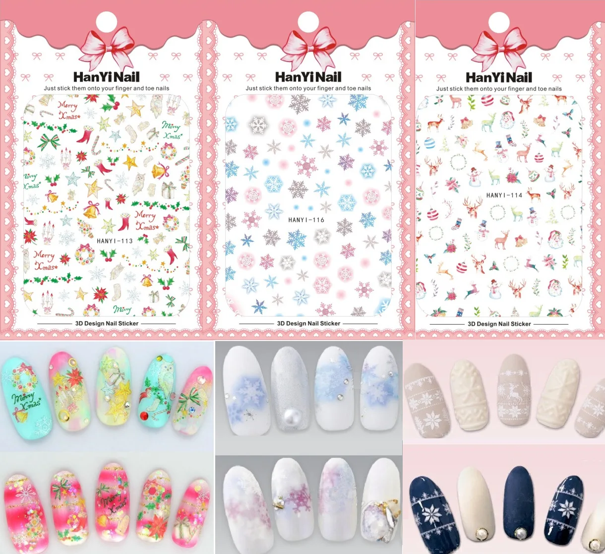 

3Pcs/Pack HanYi 113-120 Christmas Snowflakes Nail Stickers 3D Nail Enhancement Sticker With Back Glue For DIY