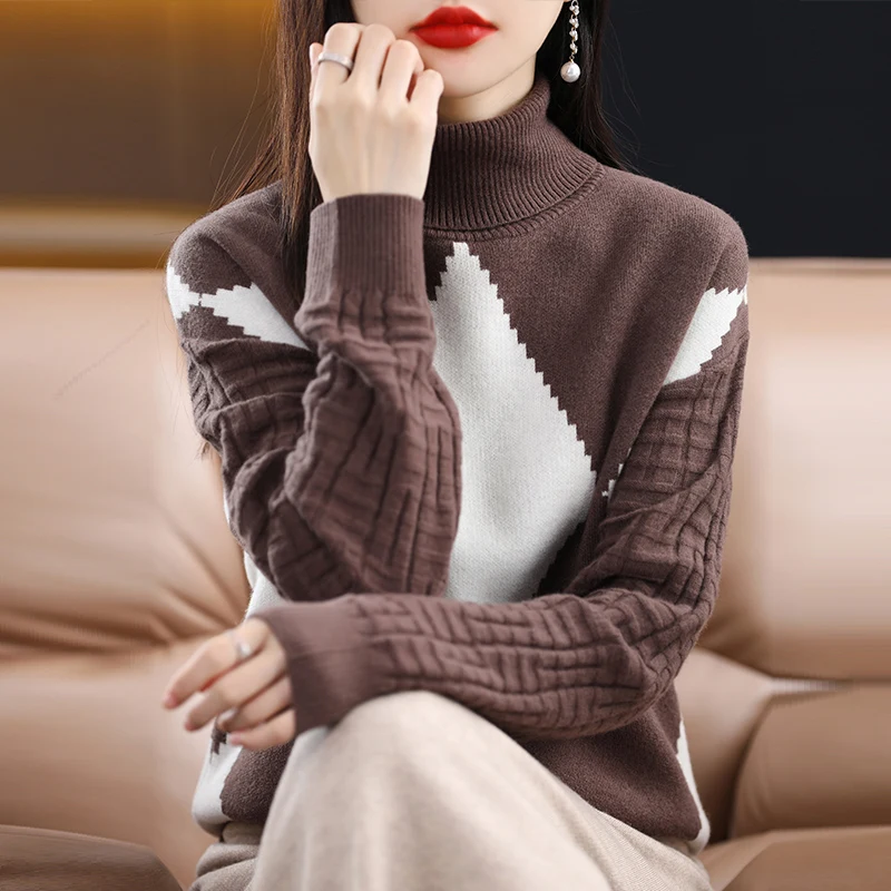 Autumn and Winter New Style High Neck 100% Pure Wool Sweater Women's Diamond Lattice Loose Cashmere Sweater Knitting Base Shirt