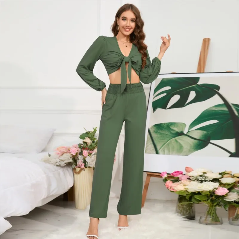 

Элегантный женский весенне-осенний пикантный короткий топ на шнуровке с длинным рукавом и V-образным вырезом женские прямые брюки с высокой талией комплект из 2 предметов