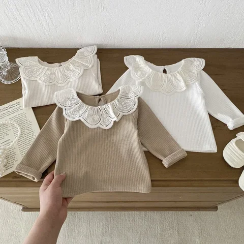 Новая детская осенне-зимняя одежда, детские топы с кружевным воротником, детский пуловер с длинными рукавами, футболка для младенцев, одежда для девочек, блузка для малышей