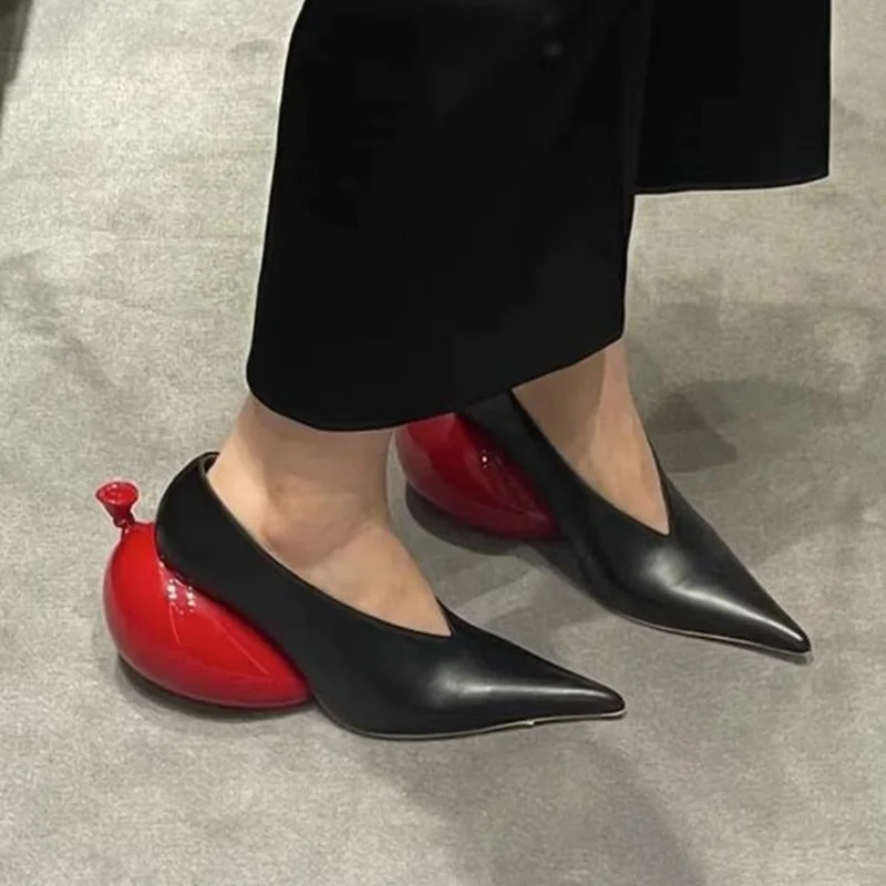 Red Shaped Balloon High Heels Pumps Fashion Black Pointed Toe Strange Style Sandals New Style Summer Sexy Party Shoes