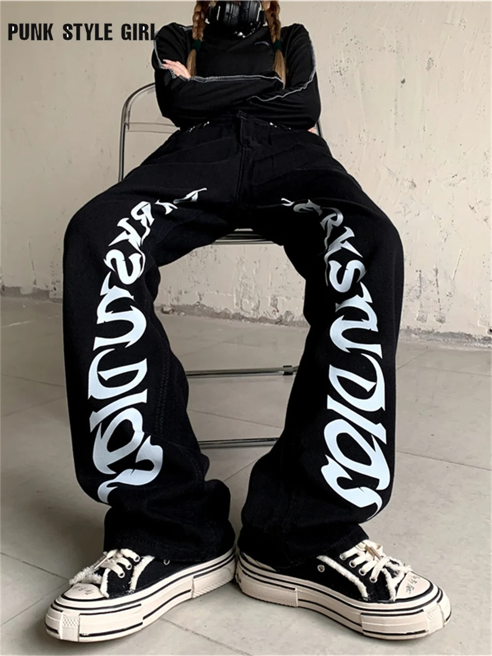 

Dark Gothic Letter Print Cargo Loose Jeans Women Goth Mall Straight Jeans Punk Teens Baggy Trousers Trend Wide Leg Denim Pants