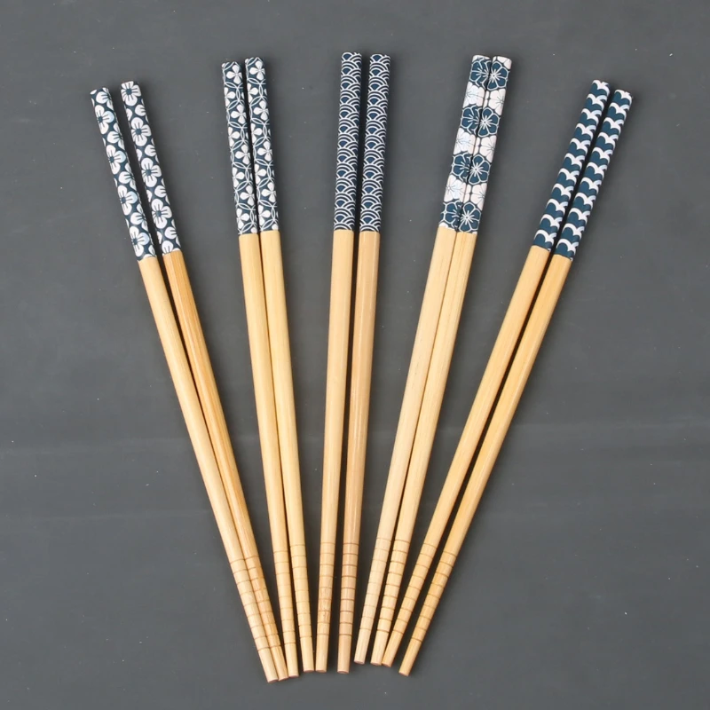 

5 Pair Reusable Set Handmade Bamboo Japanese Natural Wood Chopsticks Sushi Food Cat Flower Multi color Wooden Chopsticks set
