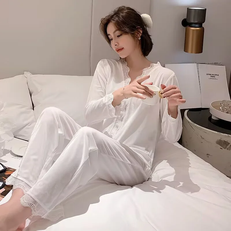Velvet Sexy Lace Pajamas Set Full Sleepwear For Women Soft Autumn Pyjama Women's Fashion Comfortable White Homewear Plus Szie