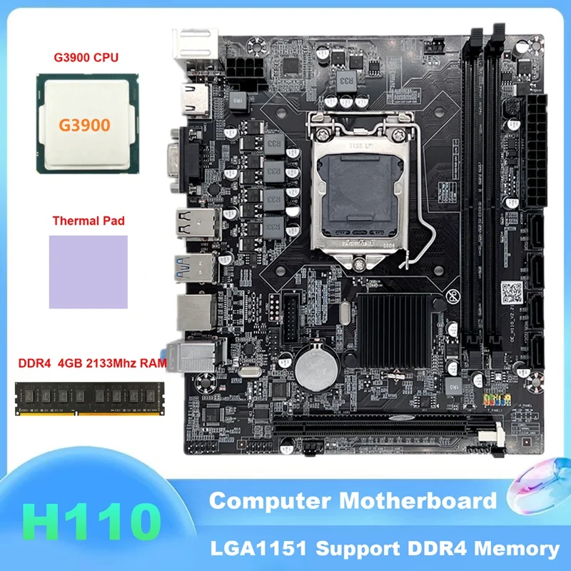 

H110 Computer Motherboard LGA1151 Supports Celeron G3900 G3930 CPU With G3900 CPU+DDR4 4GB 2133Mhz RAM+Thermal Pad