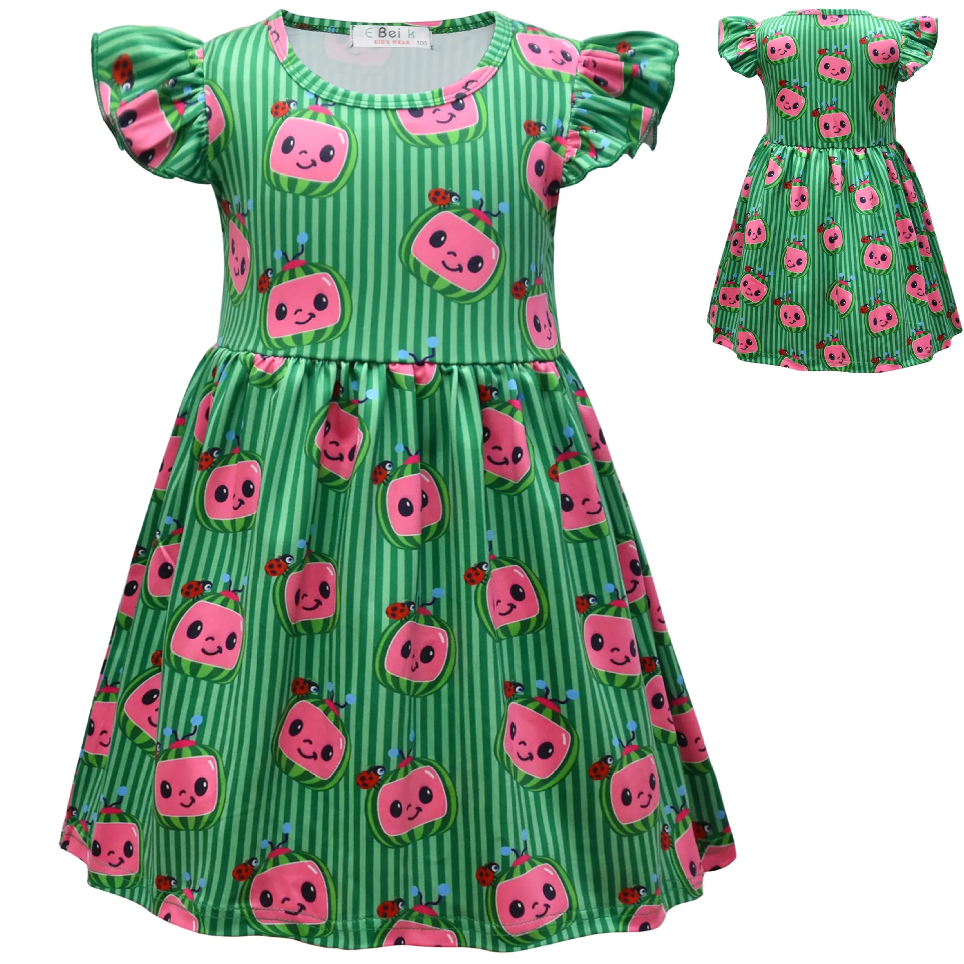 Baby Girls Casual Toddler Dress Cartoon Cocomeloned Printed Flying Sleeves Summer Dresses Kids Carnival Party Clothes