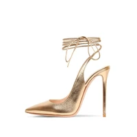 luxury gold leather ankle wrap high heel shoes pointed toe 12cm stiletto heel pumps cut outs slingback celebrating dress shoes
