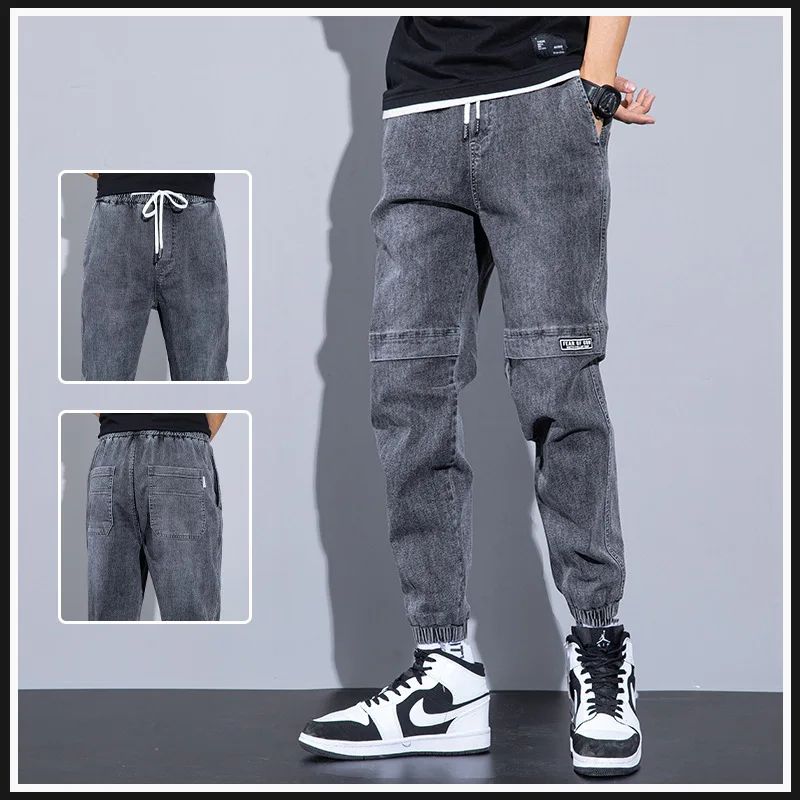 

Thin Jeans 2022 Summer New Bundled Foot Harem Brand Drawstring Tooling Casual Pants Grey Elastic Waist Cowboy Cargo Pants Men