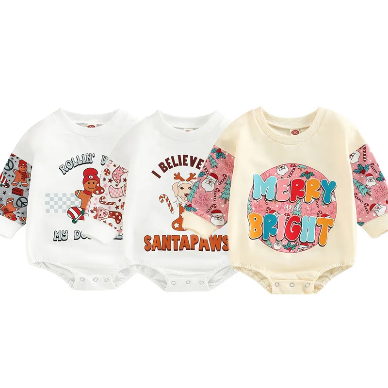 

0-24M Baby Girls Boys Christmas Romper Toddler Infant Round Neck Patchwork Long Sleeve Cartoon Print Jumpsuits Bodysuits