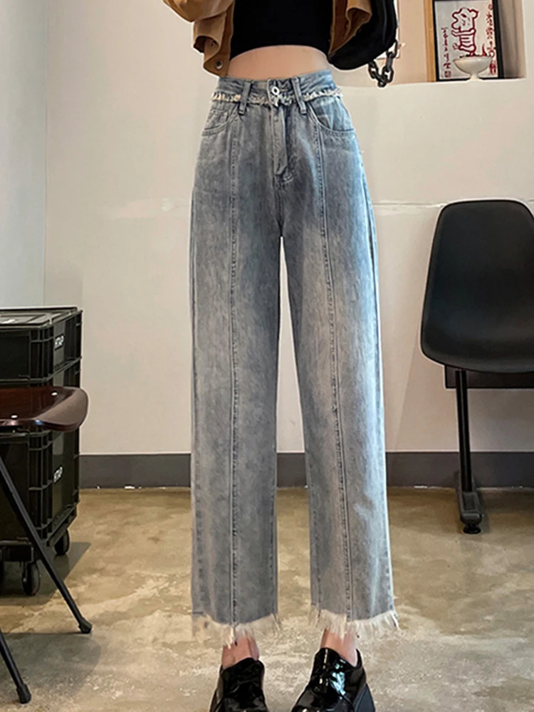 Casual Raw Hem High Waist Jeans Loose Wide Leg Pants 2023 New Korean Fashion Women'S Clothing