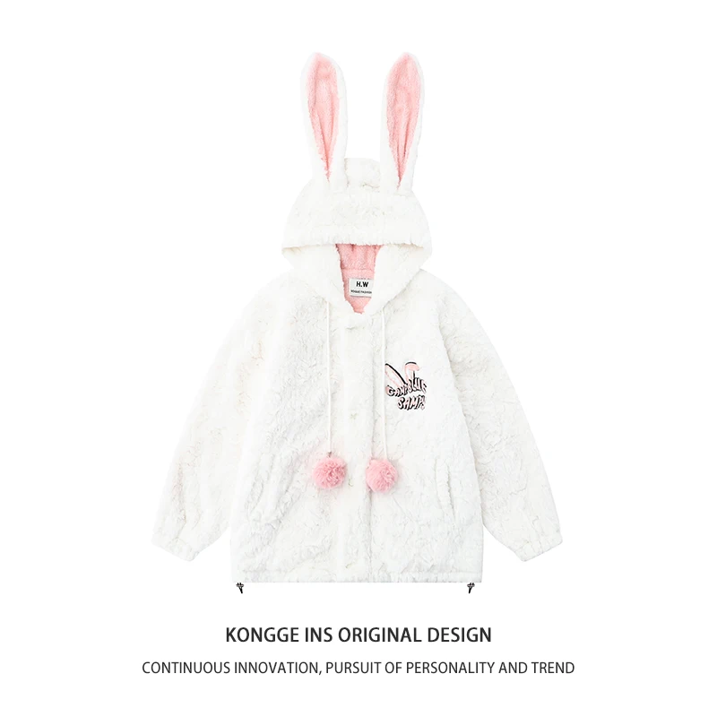 Konggeins японское модное теплое пальто с меховыми кроличьими ушками женское милое