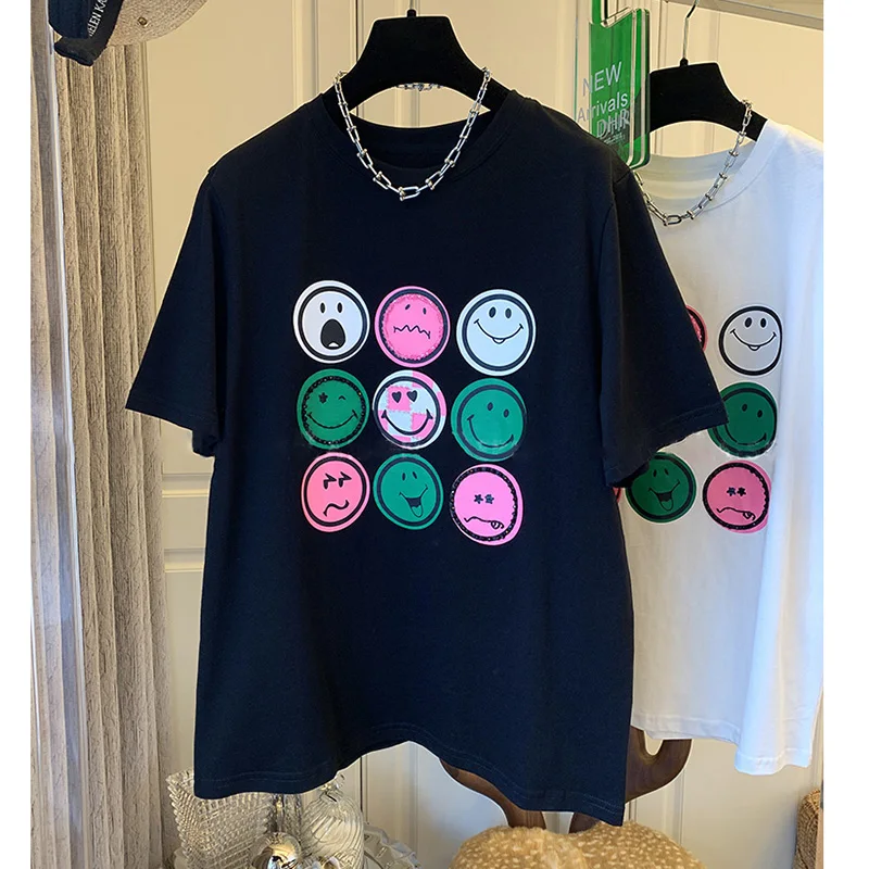 

Cotton Back Collar Plus Size Women's Clothing 2022 Summer New Face Expression Print Short Sleeve T-Shirt Graphic Tees
