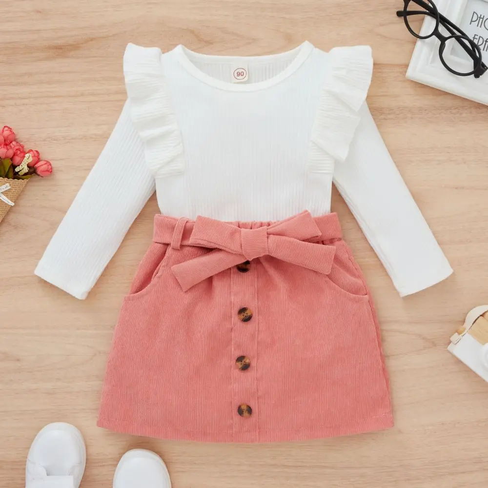 

Toddler Girl Clothes Set Long Sleeve Ruffles T-shirts + Belted Corduroy Skirts Outfits Baby Dress Children Clothing for 0-4Y